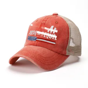 Detail of Trump 2024 trucker hat featuring vintage washed cotton and khaki mesh back