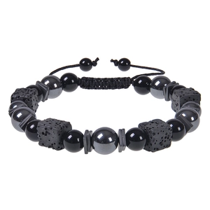 Close-up of square lava stone and tiger eye beads with adjustable braided cord knot