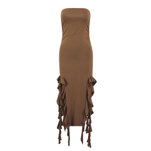 Detailed view of brown bodycon tube dress with layered ruffle hem for beach vacation