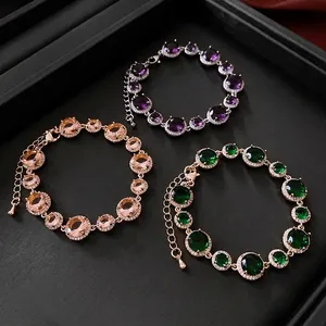 Vintage Luxury Round Zircon Bracelet Copper With Zircon Halo Setting Gold Plated Elegant Jewelry For Women