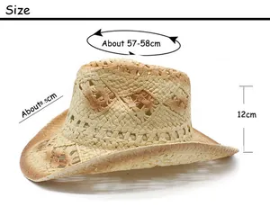 Size chart showing 58cm circumference and 8.5cm brim for the woven cowboy straw hat