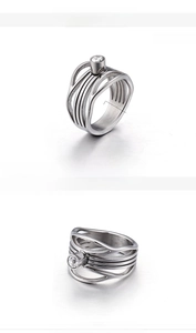 Detailed view of silver stainless steel multi-layered band ring with round crystal
