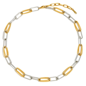 Two-tone stainless steel paperclip and twisted rope chain necklace with gold plating