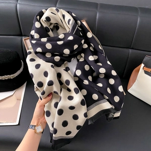 Vintage Polka Dot Scarf For Women Winter Thick Warm Double Sided Polyester Shawl Wrap With Fringes Fashionable Commuting Scarf