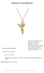 Macro detail of S925 silver angel pendant in 18k gold finish with size and weight specs