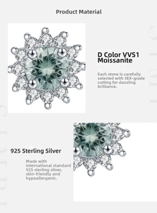 Macro detail of snowflake earrings in 925 sterling silver with green moissanite stone