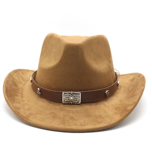 Detailed view of brown suede cowboy hat with vintage buckle leather band and wide brim