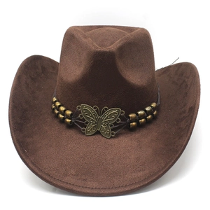 Detail of western cowboy hat featuring bronze butterfly buckle and decorative beads