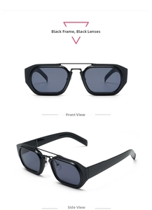 Front and side view of black geometric square sunglasses with thick frames and dark lenses