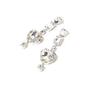 Elegant geometric silver drop earrings with sparkling rhinestones and large heart-shaped crystals