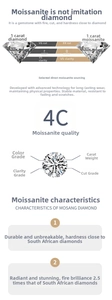 Moissanite stone quality guide showing 4C parameters including color, clarity, and cut grade