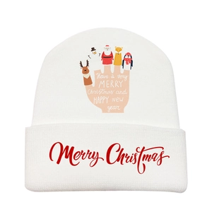 Detail of Christmas white knit hat with festive hand illustration and holiday greetings