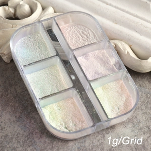 Draufsicht auf 6-Gitter-Box mit Aurora Nagelpulver, 1g irisierendes Pigment pro Gitter
