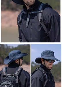 Detail view of outdoor sun hat with side mesh vents and star emblem in natural setting