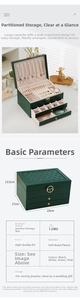 Detailed view of 3-layer dark green PU leather jewelry box with size 23x17x13.5cm