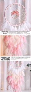 Detail of handcrafted dream catcher featuring life tree design and soft pink feathers