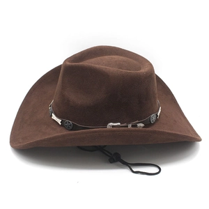 Detail of dark brown faux suede cowboy hat featuring star studs and adjustable chin strap