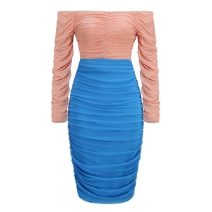 French off-shoulder pleated dress with orange and blue contrast stitching design