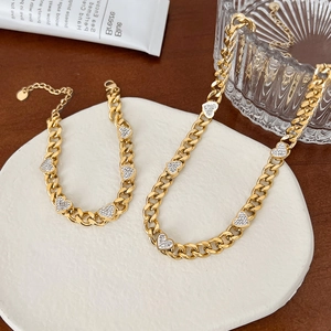 Heart Rhinestone Necklace Curb Chain Stainless Steel Sparkling Crystal Charms Elegant Fashion Jewelry For Women