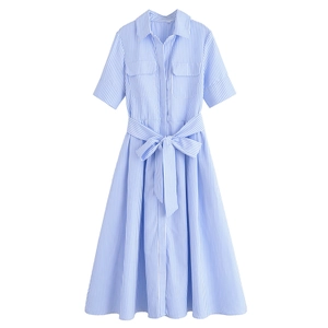 Blue and white vertical striped poplin shirt dress with collar and waist tie belt