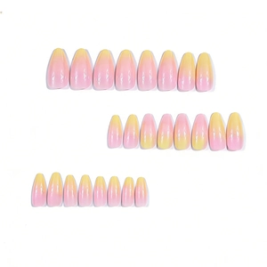 Long almond press-on nails featuring sweet pink and yellow gradient design with glossy finish