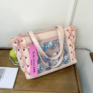Japanese Style Kawaii Ita Bag PU Leather Large Capacity Tote With Clear Window And Lace Up Ribbon For Women Girls
