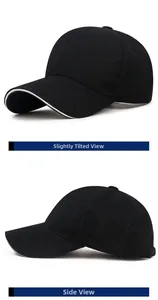 Detail view of cotton baseball cap featuring curved brim with white sandwich trim