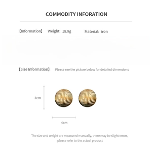Detail showing 4cm round striped iron earrings with 18.9g weight and product dimensions