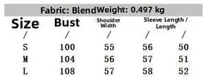 Size chart for sweet style knit cardigan detailing bust, shoulder, and sleeve measurements