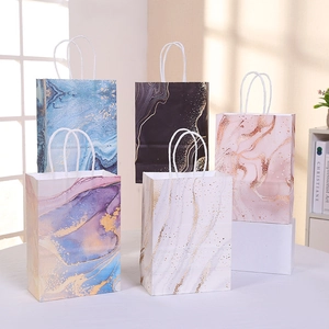 Elegant Marble Pattern Paper Gift Bags With Rope Handles Gold Foil Texture Handheld Packaging For Party Wedding