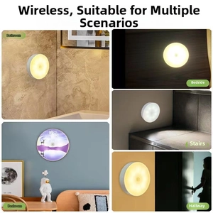 Detail view of round night light showing warm and white light modes in various home settings