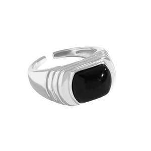 S925 sterling silver minimalist ring with tiered black agate and adjustable band