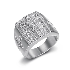 Polished silver stainless steel cross ring for men with Jesus relief and small diamonds