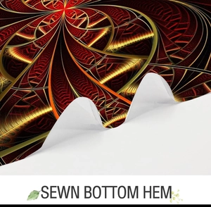 Detail of the sewn bottom hem on a mandala pattern fabric shower curtain
