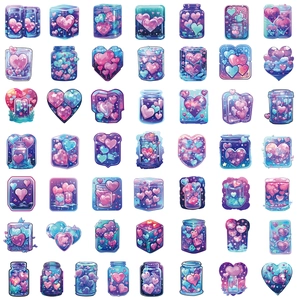 Detail view of heart graffiti stickers featuring crystal glass jars and dreamy blue-pink patterns