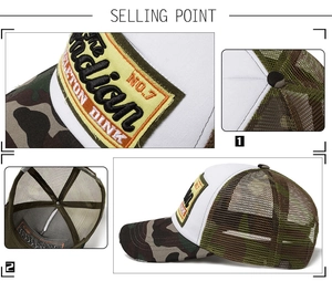 Detail view of camouflage trucker hat with vintage embroidery and breathable mesh