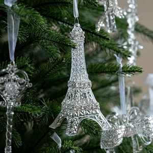 Sparkling crystal Eiffel Tower Christmas tree ornament with silver glitter and white ribbon