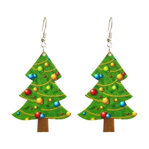 Festive green Christmas tree drop earrings with colorful ornaments and silver hooks