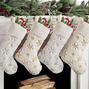 Christmas Stocking Faux Fur Plush Snowflake Embroidery Hanging Socks For Holiday Fireplace Party Decor White Gold Silver