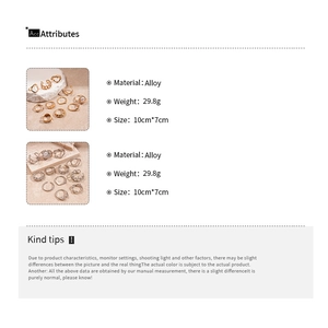 Detailed spec sheet for 12-piece geometric ring set with alloy material and dimensions