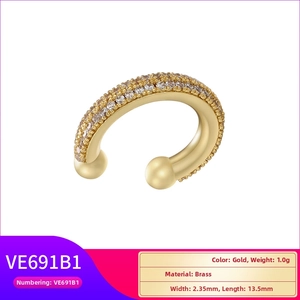 Detailed view of gold plated C-shape ear cuff with micro-paved white zircons and dimensions