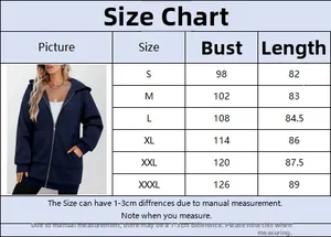 Detailed size chart for women's casual hoodie with bust and length measurements in centimeters