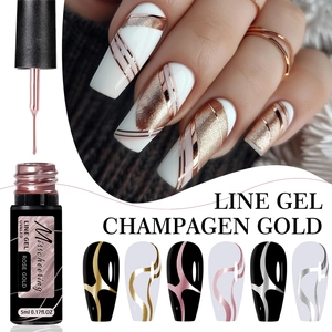 Detail of rose gold nail line gel with brush applicator and manicure color samples