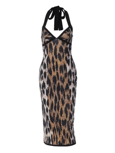 Robe midi sans manches imprimé léopard avec col licou et coupe ajustée pour femmes