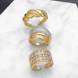 Two-tone gold plated double layer rings with cubic zirconia and adjustable opening