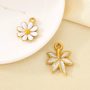 18K gold plated daisy and maple leaf charms with white enamel for DIY necklaces