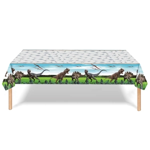 Disposable dinosaur theme party tablecloth with colorful T-Rex and prehistoric landscape