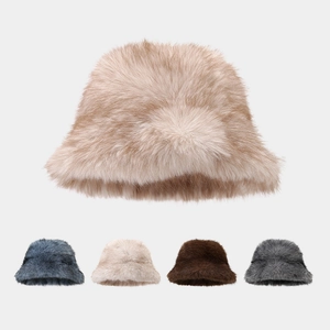 Women Faux Fur Bucket Hat Fluffy Long Plush Winter Warm Windproof Outdoor Casual Fisherman Hat Thick Soft Plush Cap