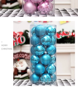 Detail of assorted blue Christmas balls in shiny, matte, and glitter finishes for decor