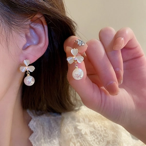 Elegant cat eye flower earrings with drop pearls and gold metal settings for women